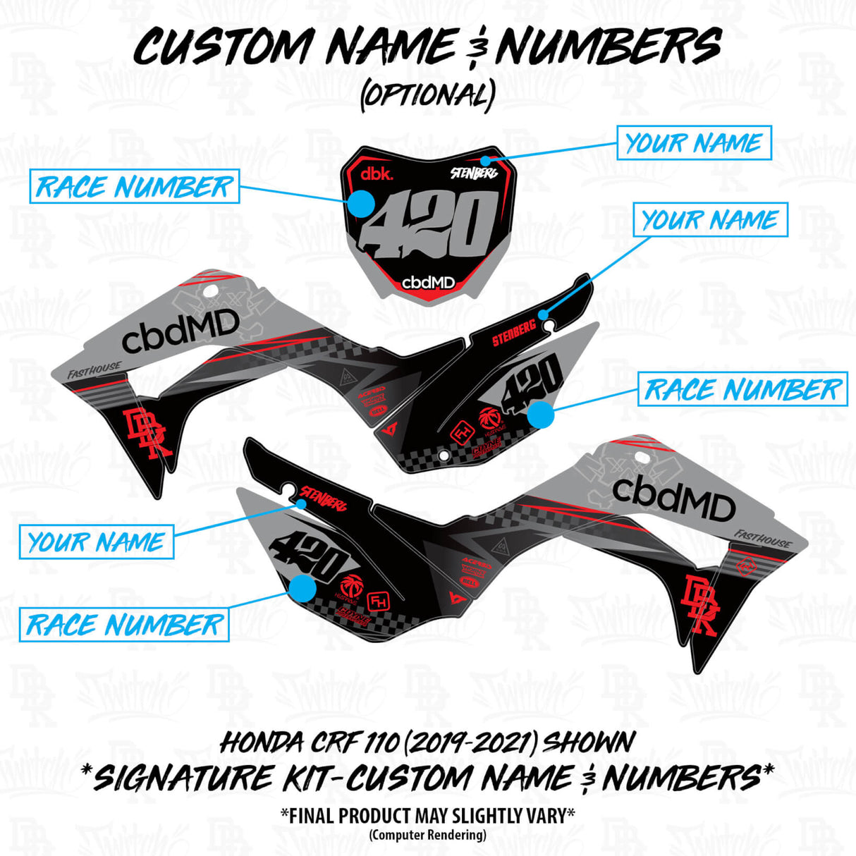 Motorcycle graphics template with numbered race plate and customizable name placeholders
