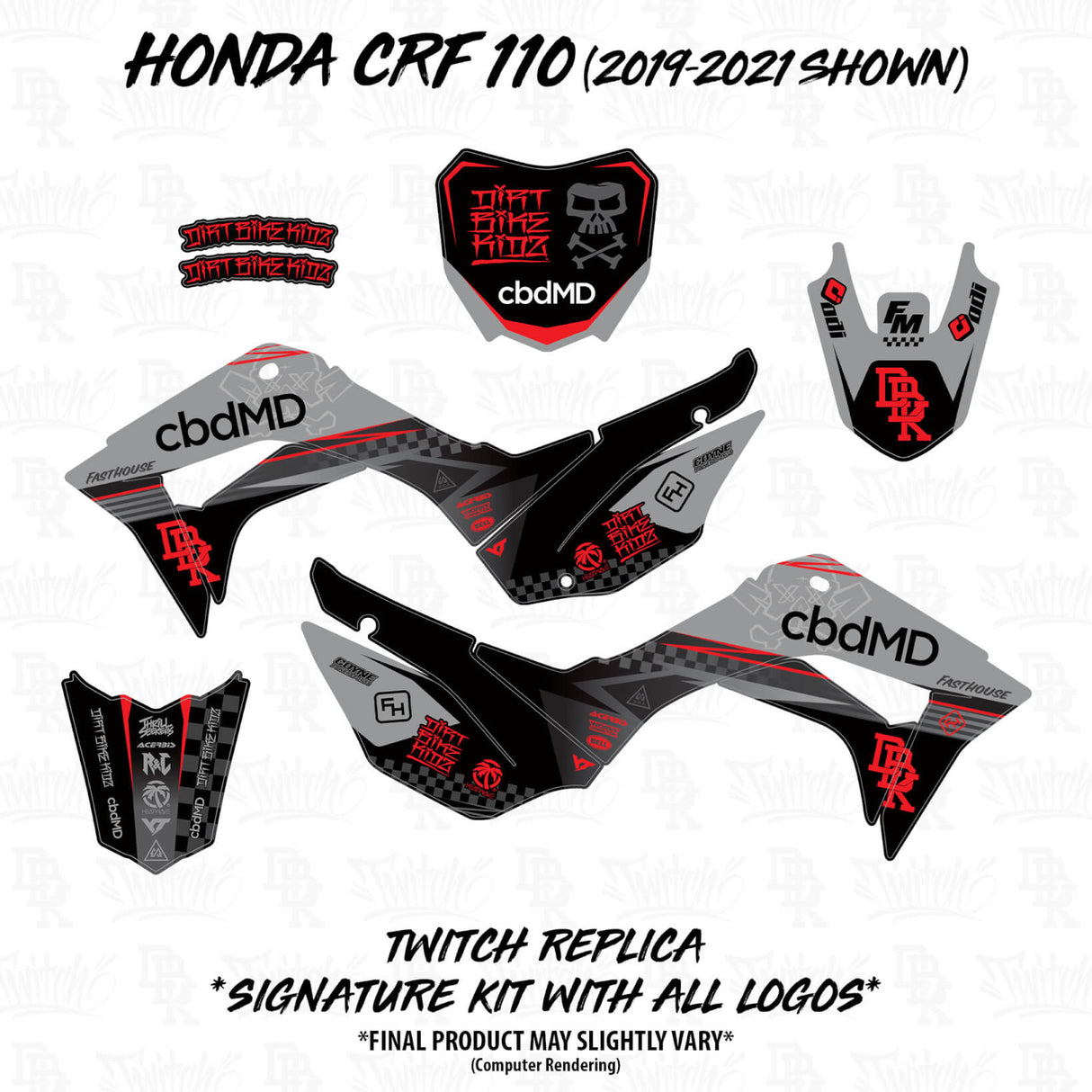 Motorcycle graphics kit layout with black, gray, and red panels and shield decals
