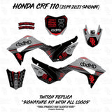 Motorcycle graphics kit layout with black, gray, and red panels and shield decals