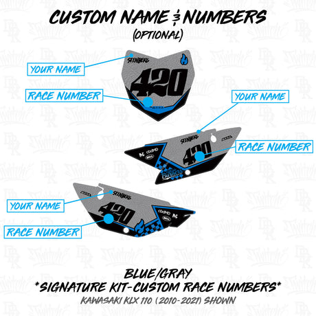 Kawasaki KLX 110 Hillside Burners custom name and race numbers placement guide