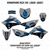 Motorcycle graphics decal kit template with blue and gray side panels and front plate