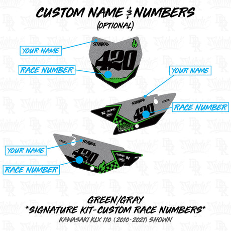 Kawasaki KLX 110 Hillside Burners custom name and race numbers placement guide (green)