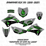 Motorcycle graphics decal kit template with green and gray side panels and front plate