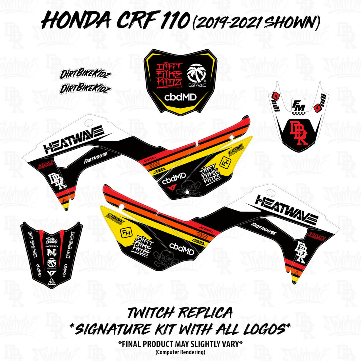 Dekor-Kit für Honda CRF 110/50: Aufkleberbogen mit gelb-schwarz-rot Grafikdesign
