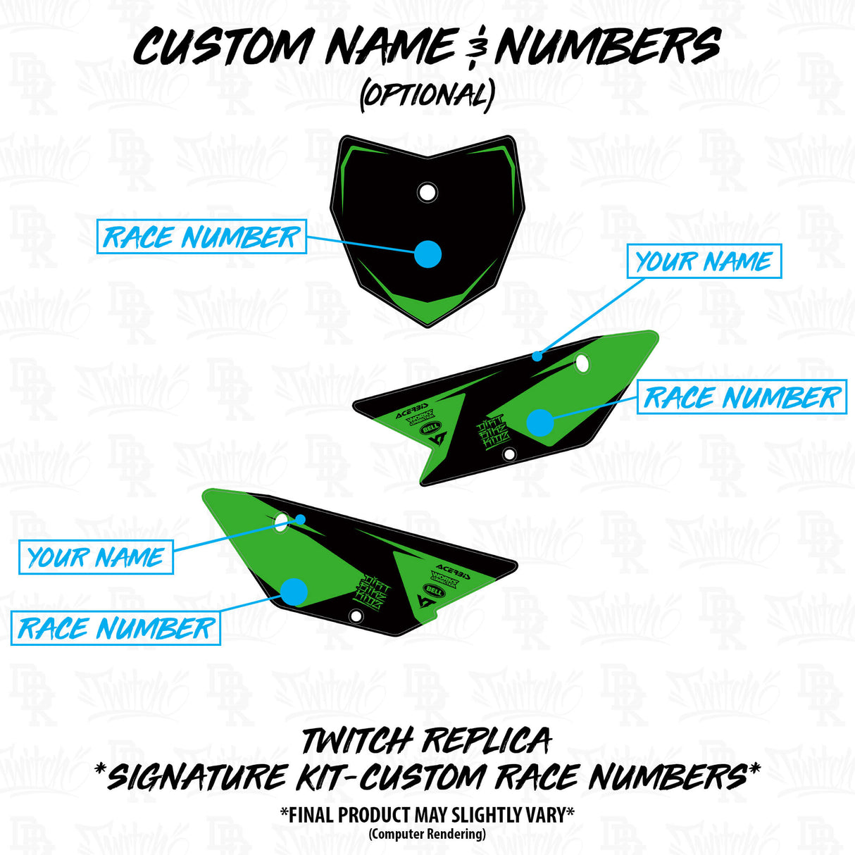 Custom name and race number layout for motorcycle graphics kit in green and black