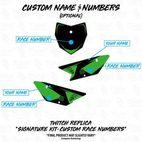 Custom name and race number graphics layout for green/black KLX 110 Twitch replica kit