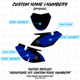 Custom TTR 110 graphics: name and number placement on blue body panels