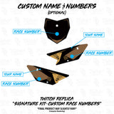 Custom name and race number layout for motorcycle graphics kit in tan and black