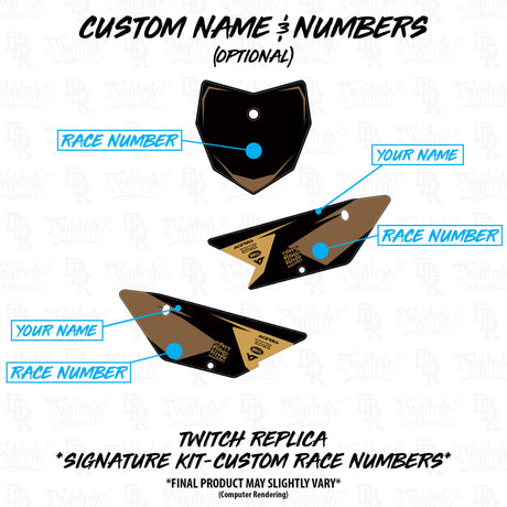 Custom name and race number layout for tan/black KLX 110 Twitch replica kit