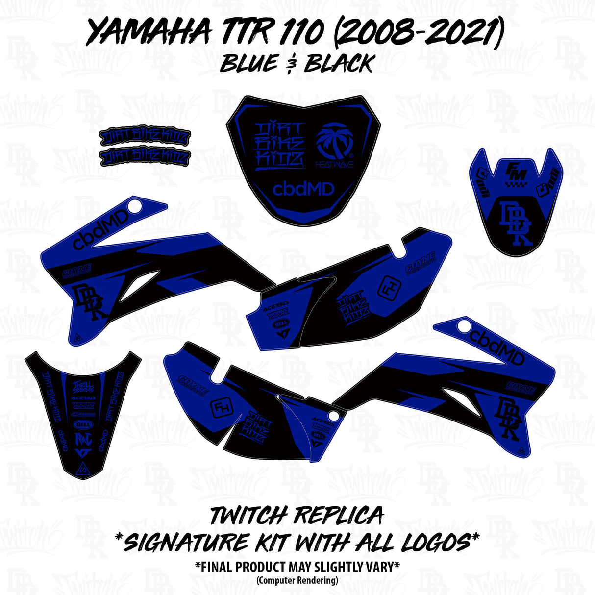 TTR 110 graphics kit pieces, blue and black panels with logos