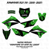 Motorcycle graphics decal kit design sheet in green and black for Kawasaki KLX 110