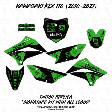 Green/black Twitch Edition sticker set for KLX 110: shroud, side panels, and tank graphic