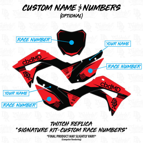 Honda CRF 110/50 Twitch Edition custom name and number decal layout, red and black