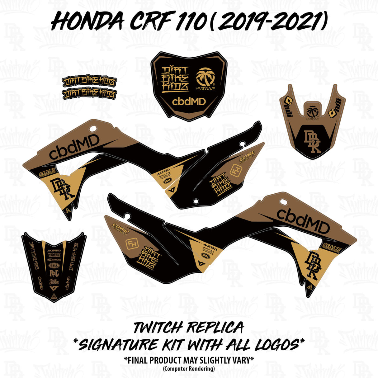 Honda CRF 110/50 Twitch Edition decal kit layout in tan and black