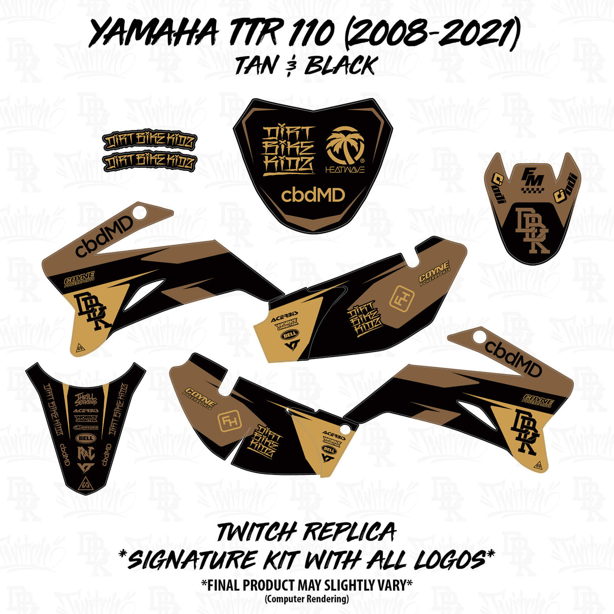 TTR 110 graphics kit pieces, tan and black panels with logos