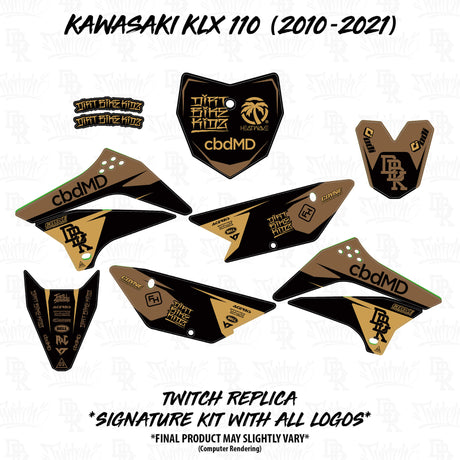 Tan/black Twitch Edition sticker set for KLX 110: front plate, side panels, and shroud