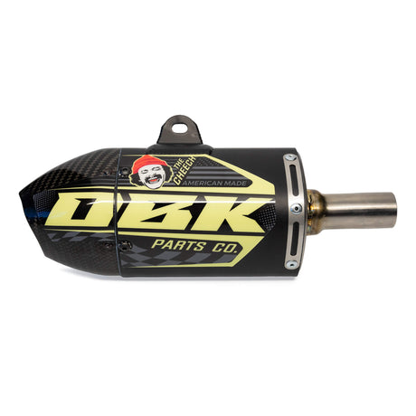 Yellow DZK exhaust sticker on muffler with metal pipe and mounting bracket