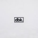 White athletic tank fabric with small dbk rectangular logo patch