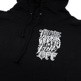 Black hoodie close-up of chest graphic print and drawstrings with metal eyelets.