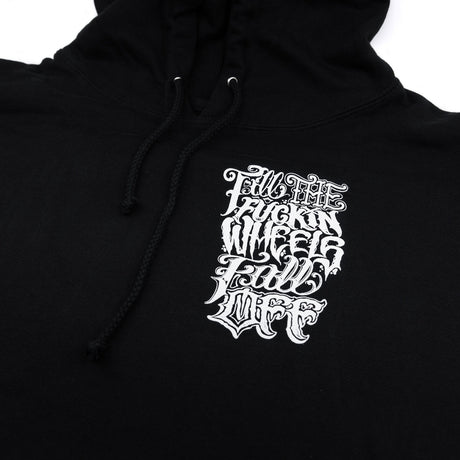 Black hoodie with front chest graphic print, pullover hood and drawstring
