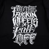 Black hoodie close-up of large front graphic print with high-contrast lettering.