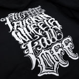 Black TTFWFO hoodie with large white distressed graphic print on front