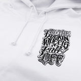 White hoodie detail: front graphic print near the chest with drawstring hood.
