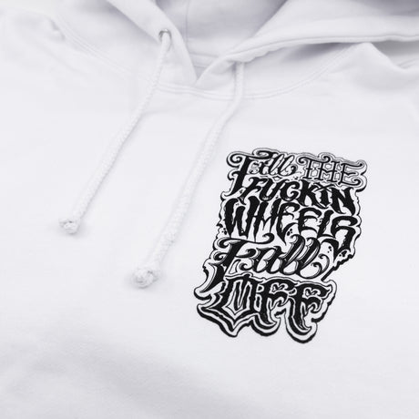 White hoodie with front chest graphic and drawstrings, pullover hood