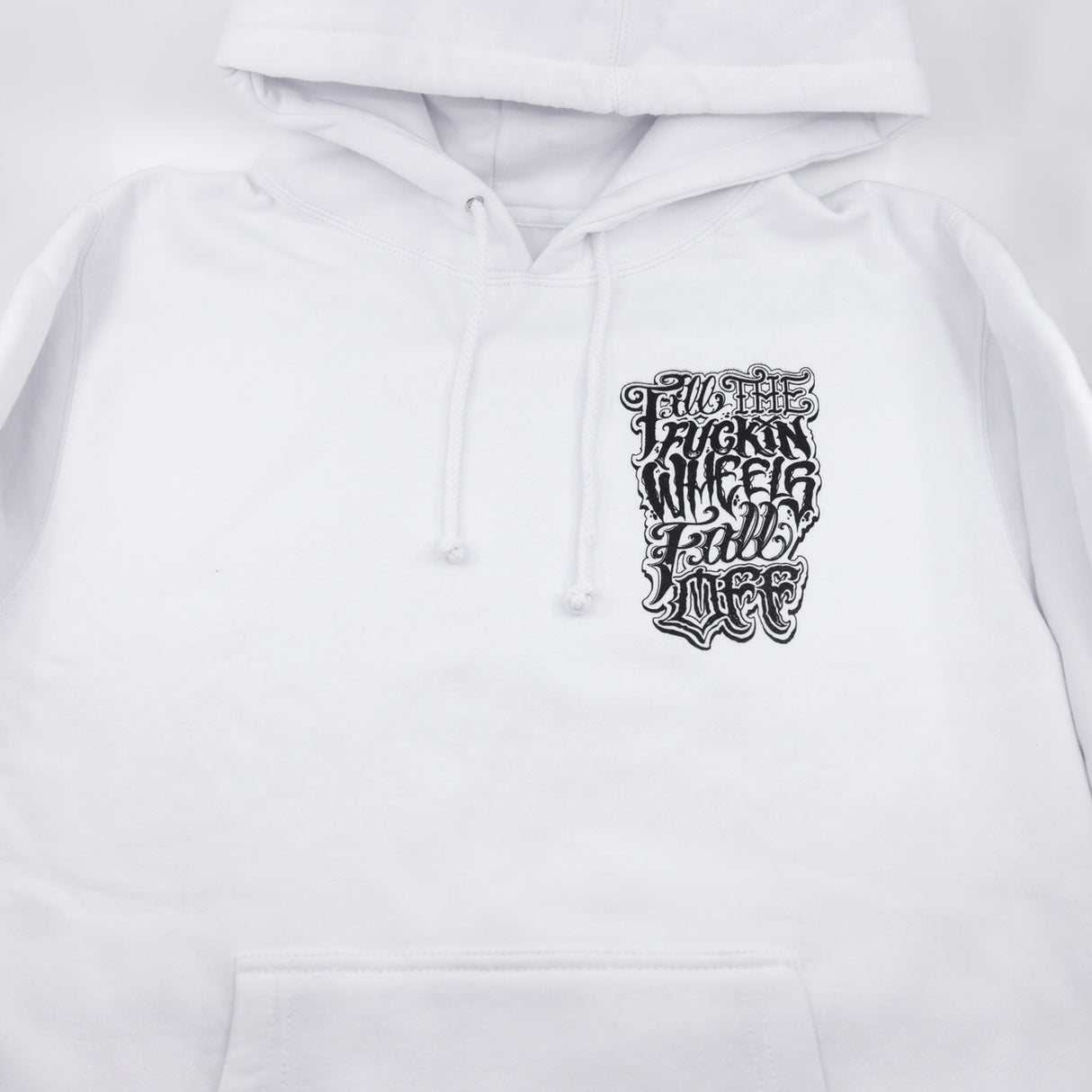 White Dirt Bike Kidz hoodie, small chest logo, hood drawstrings, front pocket