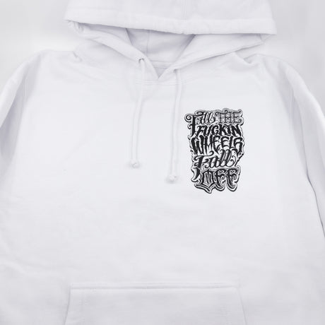 White hoodie with small chest logo print and drawstring hood