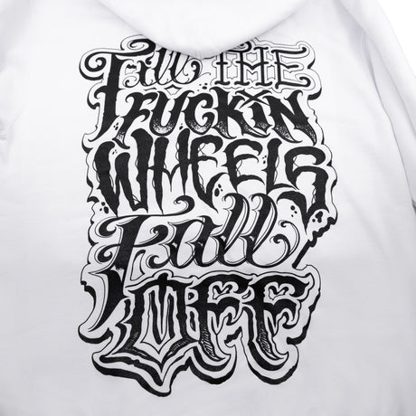 White hoodie with large front graphic print in black