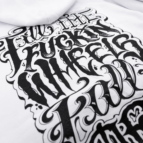 White hoodie with oversized black graphic lettering print