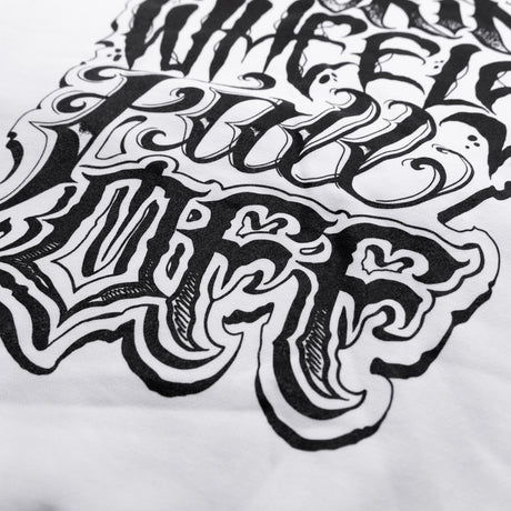 White hoodie close-up with bold black typographic graphic print