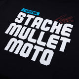 Youth premium tee, black, close-up of “STACHE MULLET MOTO” text print with red scribble