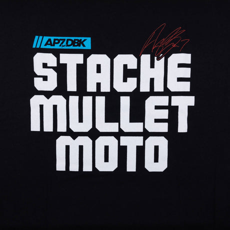 Youth premium tee, black, close-up of “STACHE MULLET MOTO” stacked bold lettering