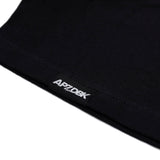 Black crewneck tee hem with APZD8K logo label