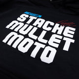 Youth black hoodie close-up of front graphic text and small red accents