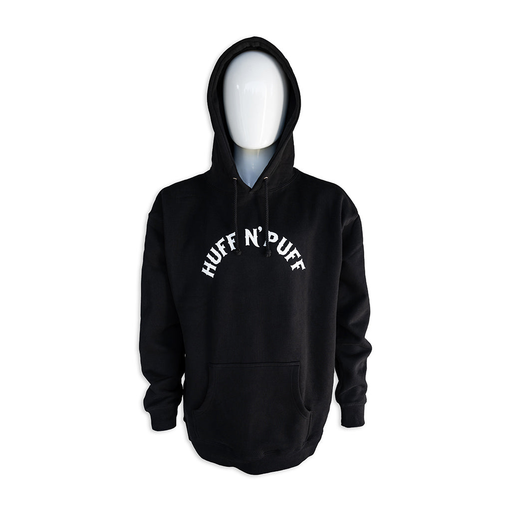 Black pullover hoodie with hood and drawstrings, centered white 'Huff N' Puff' logo