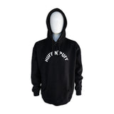 Black pullover hoodie with hood and drawstrings, centered white 'Huff N' Puff' logo