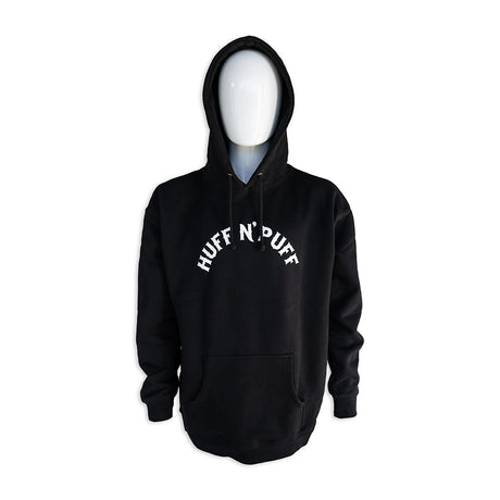 Black pullover hoodie with hood and drawstrings, centered white 'Huff N' Puff' logo
