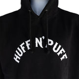 Black hoodie with hood and drawstrings, large white 'Huff N' Puff' chest print