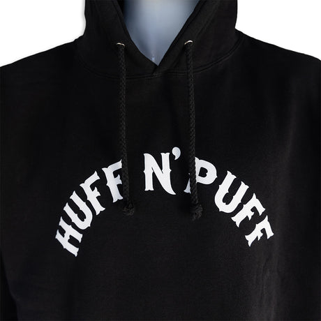 Black hoodie with hood and drawstrings, large white 'Huff N' Puff' chest print