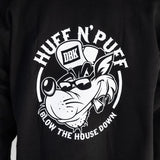 Black pullover hoodie with hood, white bulldog graphic and 'Blow the House Down' text