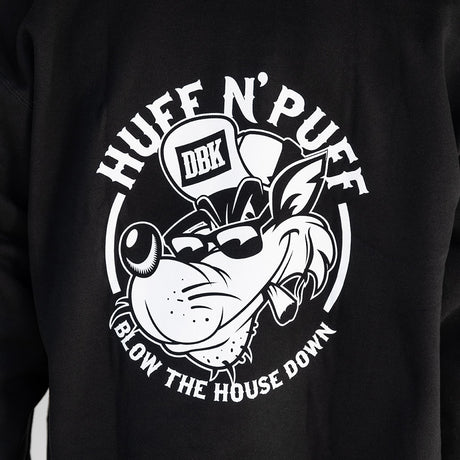Black pullover hoodie with hood, white bulldog graphic and 'Blow the House Down' text