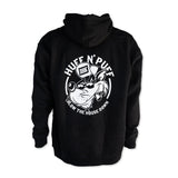 Black pullover hoodie with hood, bulldog back graphic and 'Blow the House Down' text