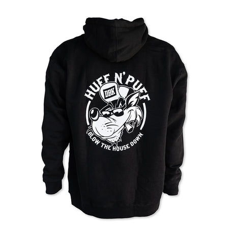 Black pullover hoodie with hood, bulldog back graphic and 'Blow the House Down' text
