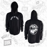 Black pullover hoodie with hood and kangaroo pocket, white 'Huff N' Puff' logo
