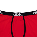 Red boxer brief waistband with dbk logo and black contoured pouch trim
