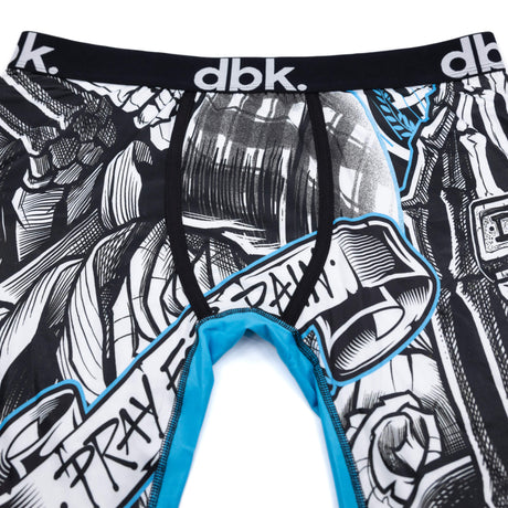 Close-up boxer briefs fabric: black/white graphic print with blue-trimmed inner panel