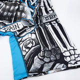 Boys boxer briefs close-up of blue-trimmed hem and black-and-white comic print